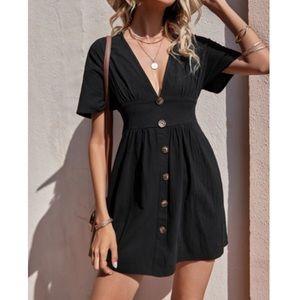 Black button front V neck A-line mini dress